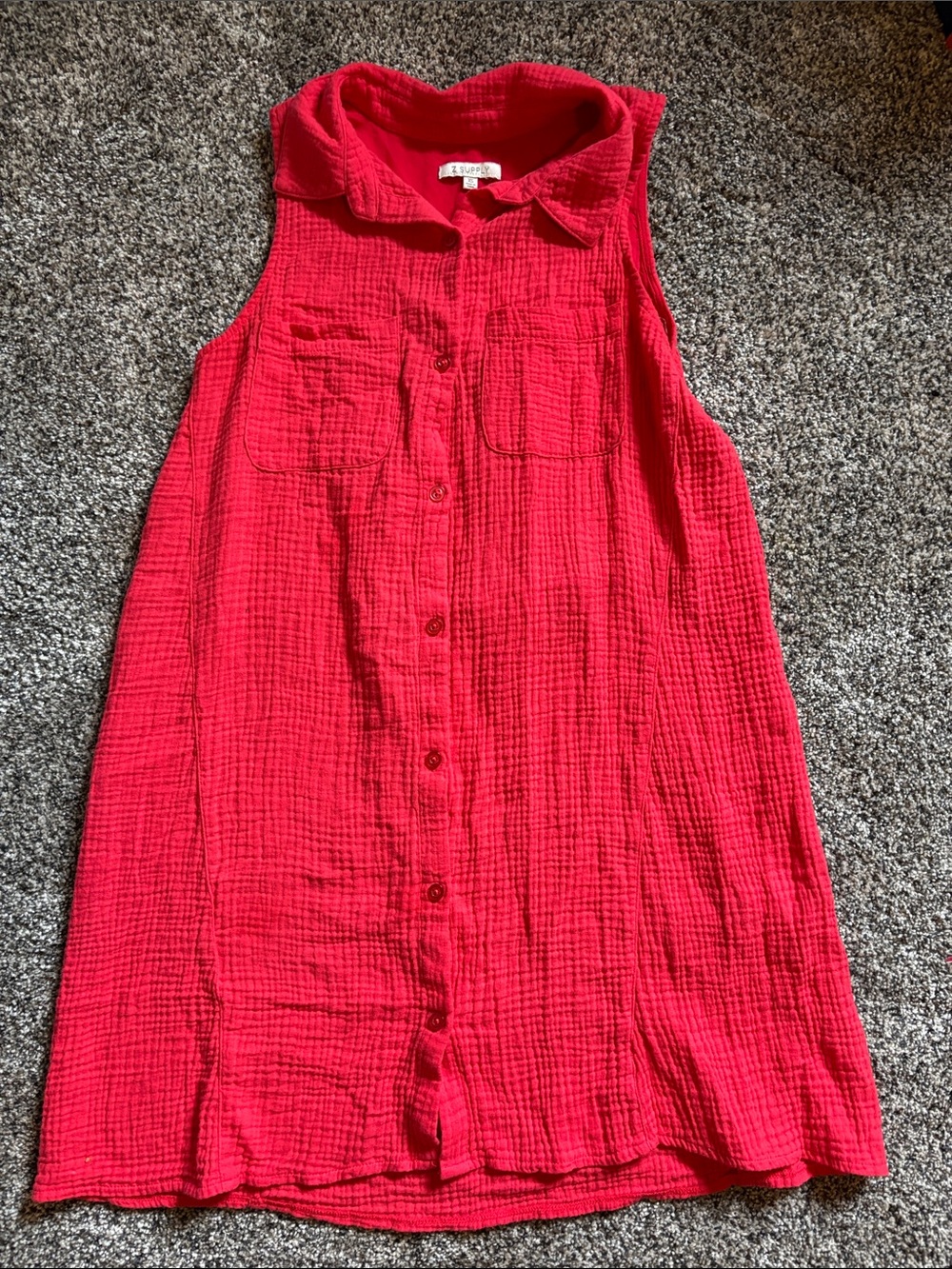 Sleeveless Button-Front Red Gauze Dress